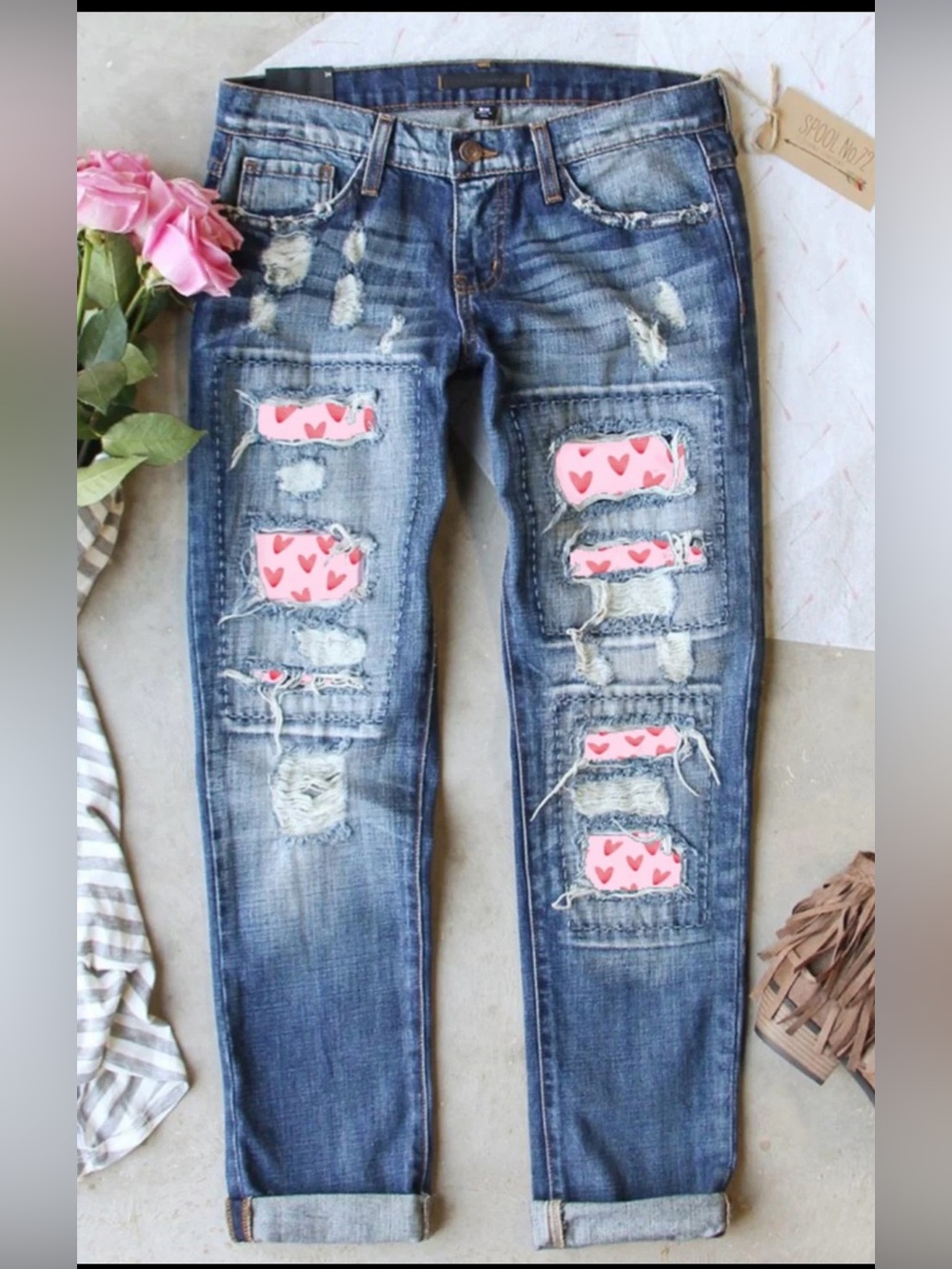 Women’s Distressed Blue Denim Jeans with Pink Heart Patch Accents